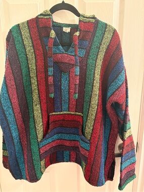 Vintage Baja Hoodie Multicolor Striped Pullover Sweater